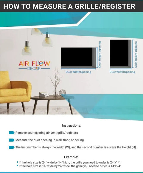 Diagram showing how to measure a grille/register opening for a White 2 Way Steel HVAC Vent Cover For Wall Sidewall And Ceiling Fits 11.75 Inch W By 7.75 Inch H Air Supply Register Grille With Screws Included Durable Easy Install For Home Ducts.