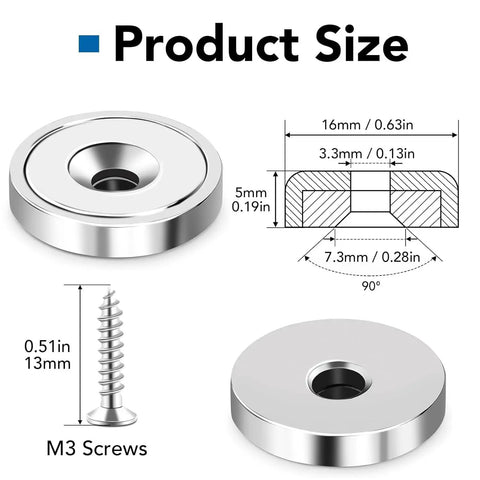 Heavy Duty Neodymium Magnets Set With Screws, 20 Pound Holding Power, 6 Pack, dimensions and M3 screw details