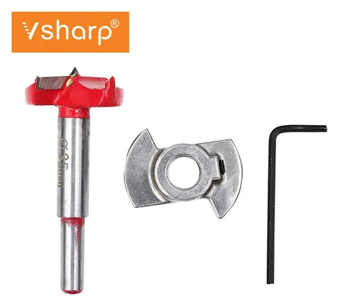 Vsharp hinge hole opener drill bit kit with red-tipped bit, metal cutter, and hex key