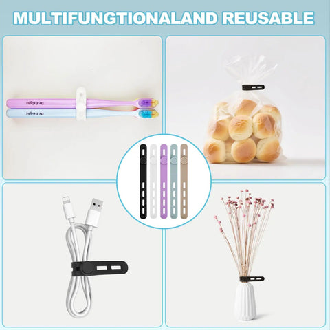 Image showing the Reusable Silicone Cable Ties Cord Organizer Set for various uses, including organizing cables, bread bags, and toothbrushes.