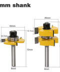 8mm Shank Router Bit Set For Tongue Groove Joinery 3 Flute Tenon Cutters showing two yellow bits with measurements.