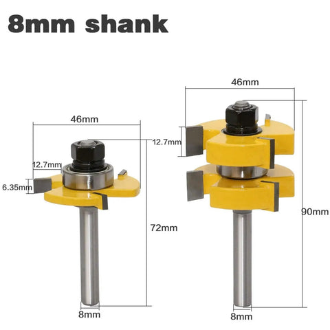 8mm Shank Router Bit Set For Tongue Groove Joinery 3 Flute Tenon Cutters showing two yellow bits with measurements.