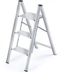 Aluminum 3 Step Folding Ladder Lightweight Portable Slim Step Stool 330 Lb Capacity Multi Function Safety Stepladder Rust Resistant And Grab And Go Easy To Store Silver, open