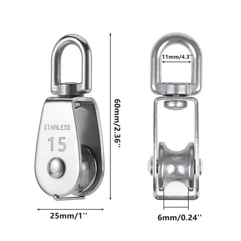Go-To 12 Piece Stainless Steel Cable Pulley Wheel Set With M15 Small Rotating Rollers Ideal For Outdoor Ropes 360 Degree Swivel Pulleys For Tensioning Lifting Rigging And DIY Projects, 15mm pulley