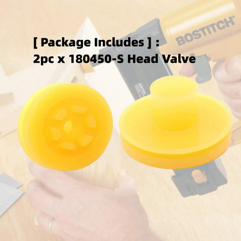 Heavy Duty Head Valve Replacement For Pneumatic Nailer Tools 2 Pack 180450S showing yellow valves beside pneumatic nailer.