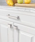 10 Pack Brushed Satin Nickel Cabinet Pulls 3-3/4 Inch Hole Center on white kitchen cabinets with marble countertop
