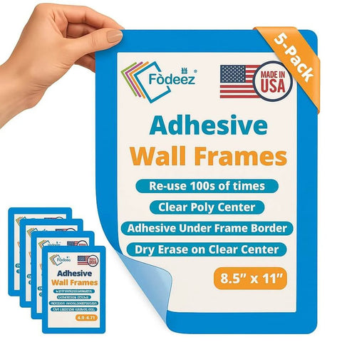 8.5 By 11 Inch Peel And Stick Adhesive Wall Frames Pack Of 5 In Blue with a hand displaying frame flexibility