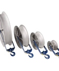 Heavy Duty 12 Inch Hook Type Sheaves With Welded Steel Frame And Self Lubricated Bearings For Eight Thousand Pound Cable Pulling Capacity And Rugged Construction For Tough Jobsites, shown in different sizes.