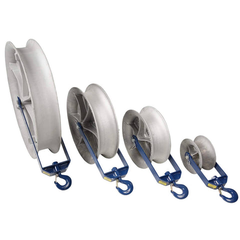 Heavy Duty 12 Inch Hook Type Sheaves With Welded Steel Frame And Self Lubricated Bearings For Eight Thousand Pound Cable Pulling Capacity And Rugged Construction For Tough Jobsites, shown in different sizes.
