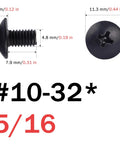 Top Shelf #10-32 X 5/16 Inch Pan Head Machine Screws With Flat Washers 30 Pack Black showing sizes and details.