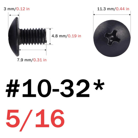 Top Shelf #10-32 X 5/16 Inch Pan Head Machine Screws With Flat Washers 30 Pack Black showing sizes and details.