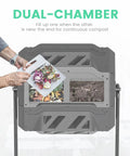 Dual Chamber Outdoor Compost Bin No Fuss 43 Gallon Capacity Rotating Aerated Compost Tumbler BPA Free Material in use