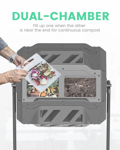 Dual Chamber Outdoor Compost Bin No Fuss 43 Gallon Capacity Rotating Aerated Compost Tumbler BPA Free Material in use