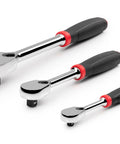Three-piece No Quick Release Comfort Grip Ratchet Set in 1/4, 3/8, 1/2 inch drives with 90-tooth gear and ultra-compact head