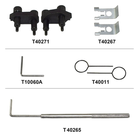 Camshaft Crankshaft Engine Timing Tool Kit For EA888 1.8 2.0 TSI TFSI Engines, showing tool components with model numbers labeled.