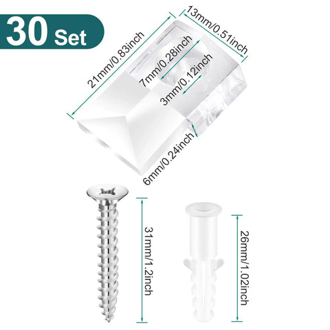 Pretty Slick Mirror Holder Clips With Screws For Effortless Frame And Cabinet Door Mounting Includes Thirty Clear Plastic Hanging Hardware Sets, showing sizes and design.