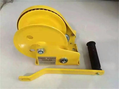Heavy Duty Electric Hoist 2600 LB Manual Winch Hand Crank Self-Cranking Lifter With Steel Rope And Brake For Garage, Warehouse Shop Projects - yellow hand winch with handle.