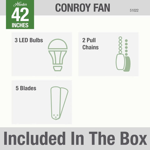 Conroy Indoor Low Profile Ceiling Fan With LED Light And Pull Chain Control 42 Inch Snow White Finish kit contents