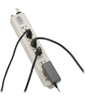 Heavy Duty 20 Amp Power Strip With 6 Outlets, All Metal Housing, 15 Foot Cord shown with plugs inserted, on off switch visible