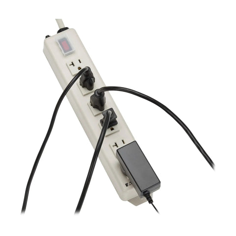 Heavy Duty 20 Amp Power Strip With 6 Outlets, All Metal Housing, 15 Foot Cord shown with plugs inserted, on off switch visible