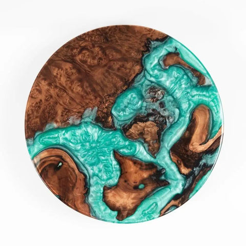 Aerial view of 16 Inch Turquoise Epoxy Resin Lazy Susan Wood Turntable Organizer For Kitchen Countertop And Pantry Storage Rotating Tray