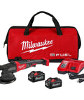 Badass Cordless Random Orbit Sander With Six Inch Pad And 21 Millimeter Backing Plate in a red bag with two batteries and charger.