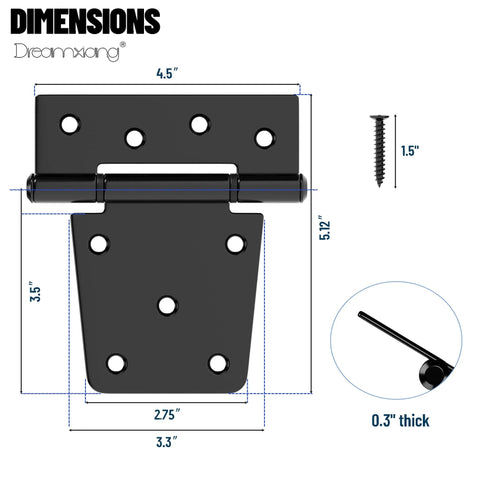 Dimensions of Heavy Duty Gate Hinges Three And A Half Inch Black Iron Strap Hinges For Wood Fence Gate And Vinyl Shed Door With Screws 8 Pack Full Or Half Surface Mount 60 Pound Capacity Weather Resistant Outdoor Use Durable Construction.