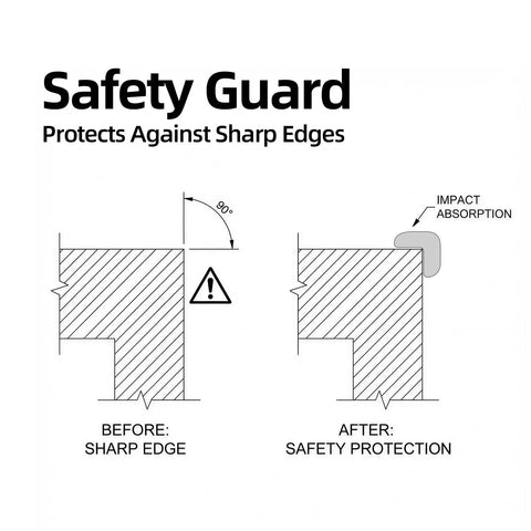 Safety guard diagram showing impact absorption and sharp edge protection for Tough Shop Gear Wall Corner Guards With Zero Hassle Self Adhesive Nbr Foam Edge Protectors Yellow Black Warning Tape Solid Crash Bumper For Garage Warehouse Heavy Duty Impact Protection Buffer.