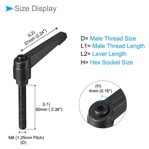 Clamping Lever Handles M8 By 60mm Male Thread Adjustable Quick Release Locking Rotating Bolt Knobs Black For Lathe Machinery Two Piece Set Beefy Grip And Secure Lock Wide Applications, 60mm thread detail