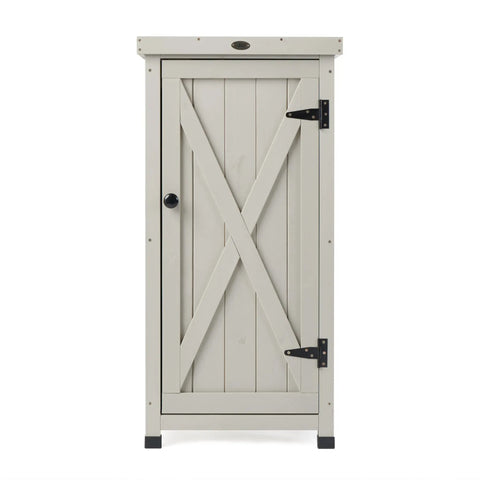 Front view of Backyard Ready Weatherproof Outdoor Storage Cabinet With Potting Bench Table Shelves And Rust Proof Metal Top