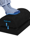 Foot Rest Under Desk With Two Adjustable Heights Ergonomic Foot Stool With Washable Cover For Back And Hip Pain Relief Ideal For Office Home And Car Anywhere You Go with striped-sock foot on it.