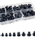 Heavy Duty Silicone Rubber Hole Plugs Set With 9 Sizes T Type Black Caps displayed in clear container
