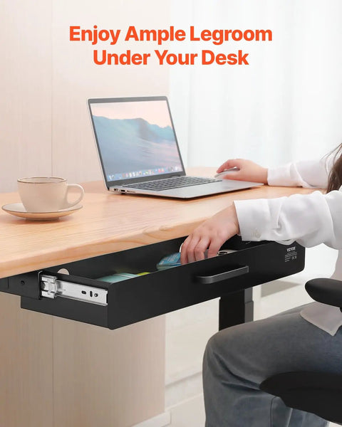 Heavy Duty Under Desk Drawer Slide Out Smooth Glide Hidden Counter Storage For Office And Home Sit Stand Workstation Slick Black Metal Zero Hassle Install in use under a desk with a person reaching for items.
