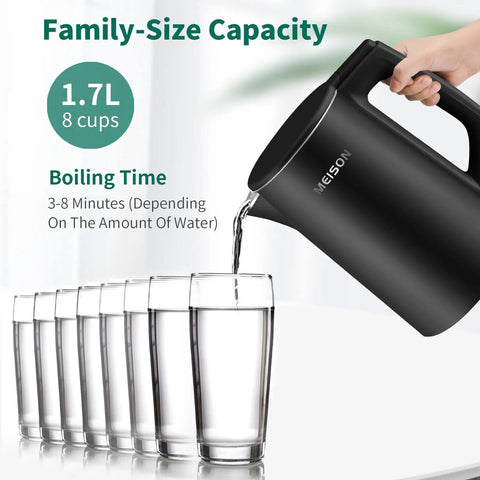 Pouring water from 1.7 Liter Electric Kettle With Double Wall Stainless Steel Interior, Fast 1200W Boil, Auto Shut Off, Boil Dry Protection.