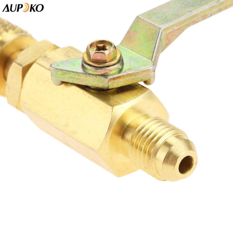 Close-up of Air Conditioning Ball Valve One Quarter Inch SAE Adapter Straight Shut Off For HVAC Service Tools Fits R134a R22 R12 R410A