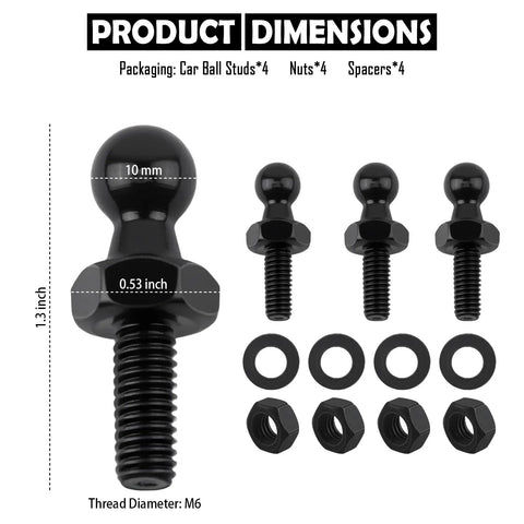 Car Ball Stud Kit 10mm With Spacers And Nuts For M6 Thread Gas Struts Lift Support Critical Connecting Parts For Your Ride Heavy Duty Four Pack Replacement Ball Studs And Nuts, 10mm black steel, 1.3 inch