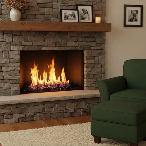 Fireplace with Diamond Fire Glass 10 Lbs 1 Inch High Luster Pro Grade Reflective Fire Pit Glass Rocks For Propane And Natural Gas Pits Fireplace And Landscape Onyx Black Lit Day And Night