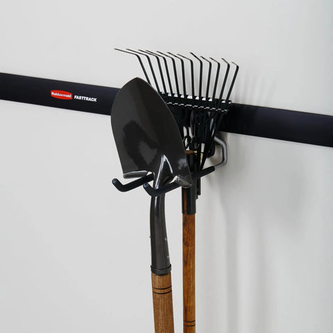 Fast Track Wall Mounted Garage Storage Hook System For Tools Rope And More Heavy Duty Utility Hangers with shovel and rake
