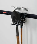 Direct Mount to FastTrack Rail Hook Set Pack of 2 50 LB Capacity Satin Nickel Wall Mounted Heavy Duty Garage Storage for Tools Sports Gear Shovels Ropes Hose and More holding a shovel and rake on FastTrack rail