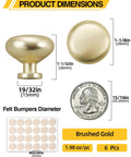 Straight Up Quality Brushed Gold Cabinet Knobs 6 Pack Solid Zinc Drawer Handles with dimensions and felt bumpers.