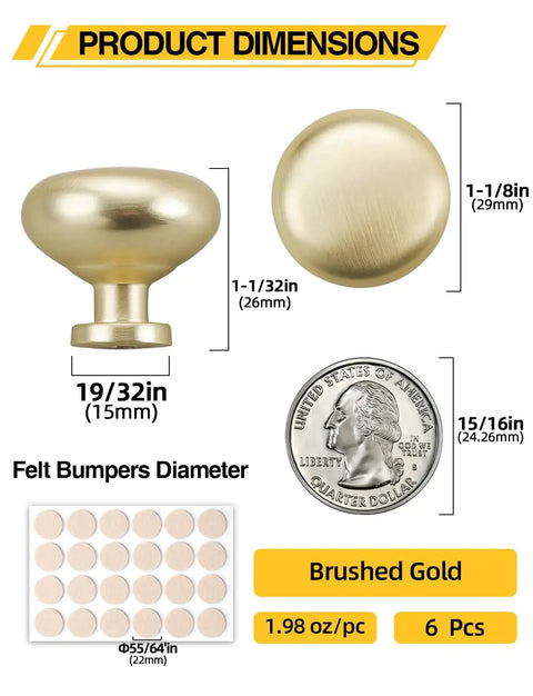 Straight Up Quality Brushed Gold Cabinet Knobs 6 Pack Solid Zinc Drawer Handles with dimensions and felt bumpers.