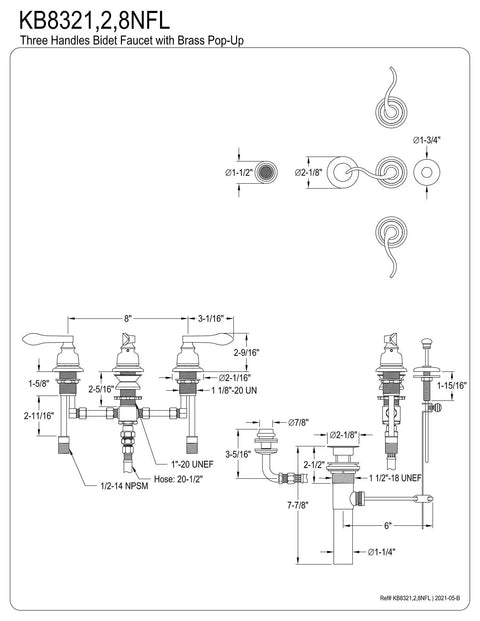 Technical diagram of NuWave French Bidet Faucet in Polished Chrome with solid brass construction and deck mount installation.