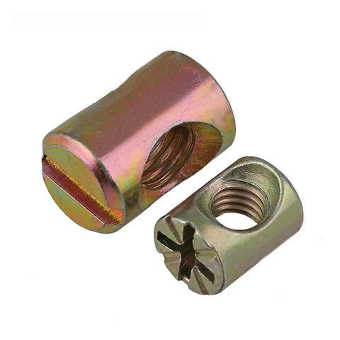 Barrel Nuts And Cross Dowel Slotted Nuts Set, Zinc Plated For Tough Furniture Joints, M6 And M8, close-up view steel connectors