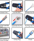 Step-by-step use of All In One Network And Telephone Crimp Tool For RJ45 RJ11 RJ12 RJ22 Cables on modular plug
