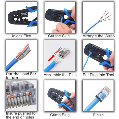 Step-by-step use of All In One Network And Telephone Crimp Tool For RJ45 RJ11 RJ12 RJ22 Cables on modular plug