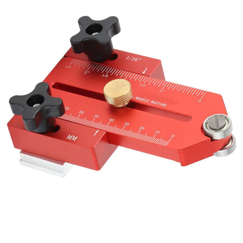 Adjustable Thin Jig For Table Saw Guides 59 To 146mm, red aluminum alloy with T-slot bolts, for precise woodworking cuts.