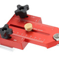 Pro Grade Thin Jig Table Saw Guide Fence With Adjustable T Track Sliding Roller And T Slot Bolts, red aluminum close-up view