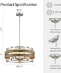 5 Light Metal Drum Chandelier With Wood Grain Shade Round Pendant Ceiling Light For Kitchen Island And Dining Room Rustic Farmhouse Style Nickel Finish E26 Base 9 Inch High By 19.7 Inch Wide Includes 47 Inch Chain, product specifications.