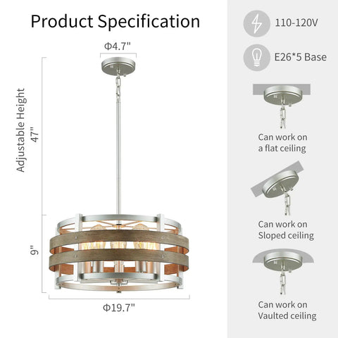 5 Light Metal Drum Chandelier With Wood Grain Shade Round Pendant Ceiling Light For Kitchen Island And Dining Room Rustic Farmhouse Style Nickel Finish E26 Base 9 Inch High By 19.7 Inch Wide Includes 47 Inch Chain, product specifications.