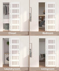 White Sliding Closet Door 48 By 80 Inches With Frosted Glass Double 25 Inch Panels shown installed in different rooms